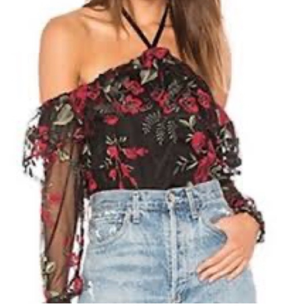 CUPCAKES & CASHMERE | Sheer Rose Embroidery Off Shoulder Top